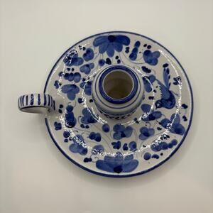 Deruta Italy Maioliche Blue & White Hand Painted Chamberstick Candle Holder